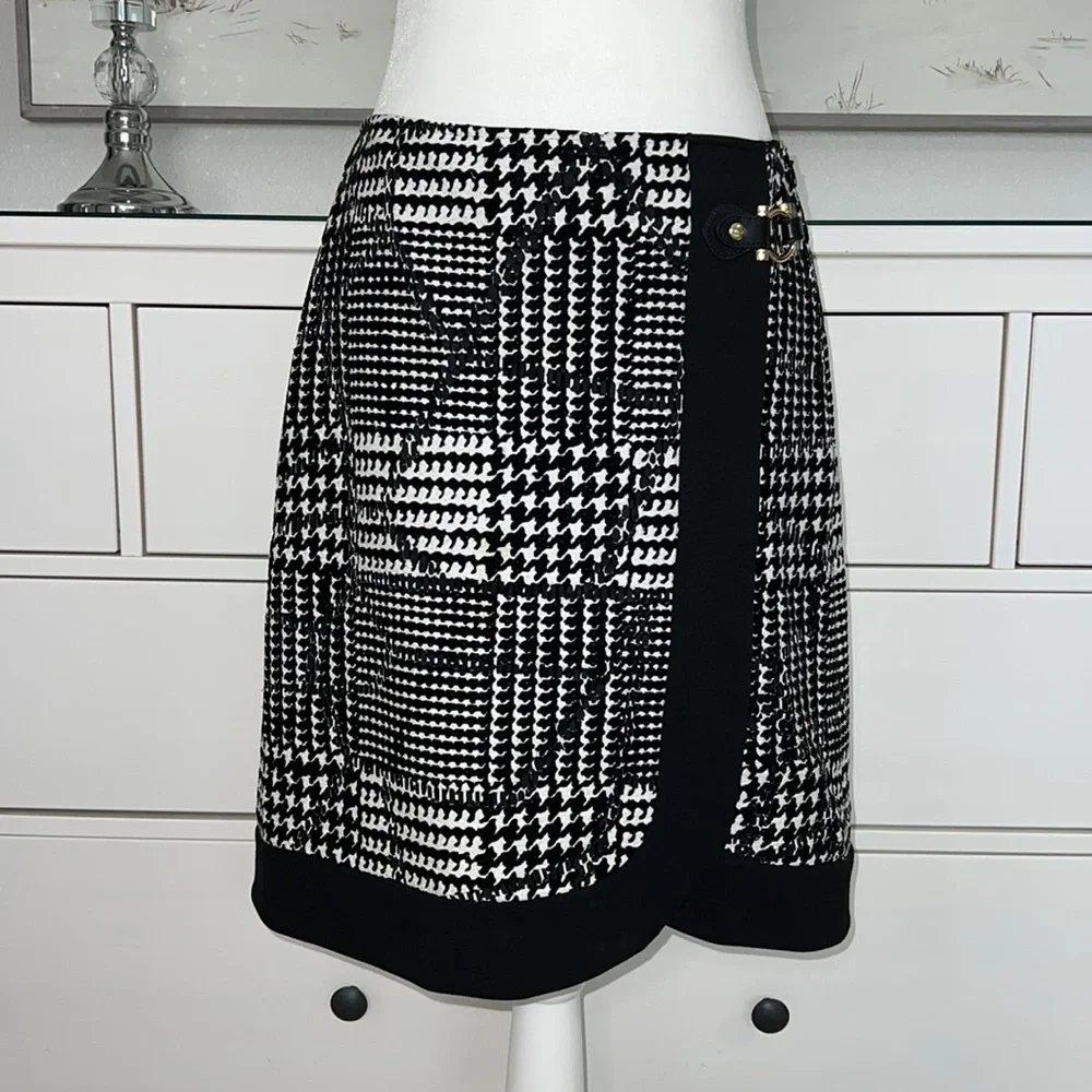 The Carlisle Black & White Skirt W/ Faux Drape, Leather & Gold Buckle, Side Zip